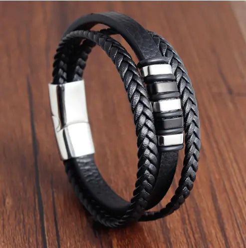 Men's Multi-Layer Braided Leather Bracelet in Stainless Steel