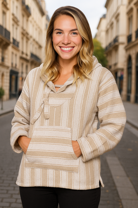El Paso Designs (TM Classic Mexican Baja Hoodie Pullover Poncho (Large Beige)