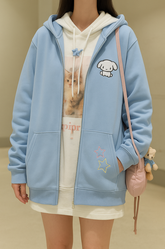 Embroidered Dog Hooded Cardigan for Women