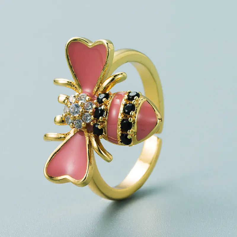 Copper Plated Gold Inlaid Zircon Bee Ring