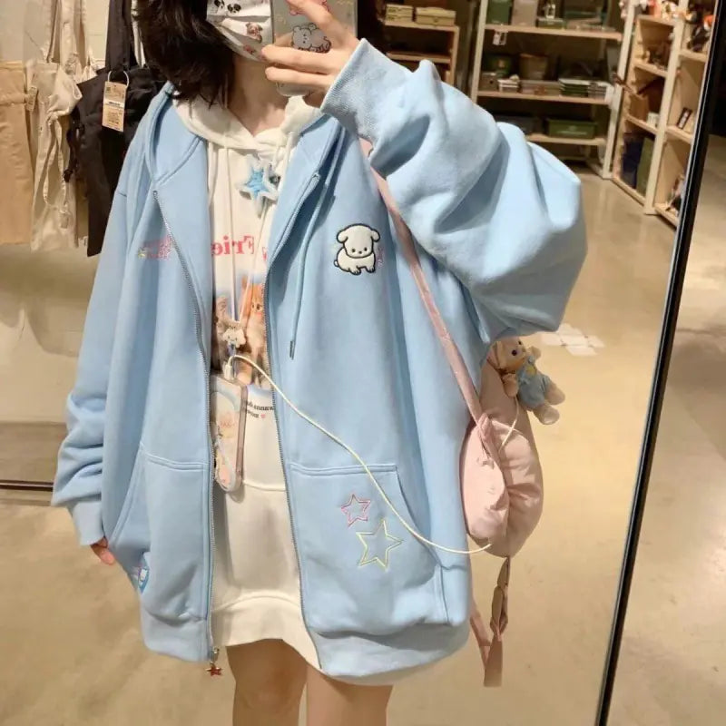 Embroidered Dog Hooded Cardigan for Women