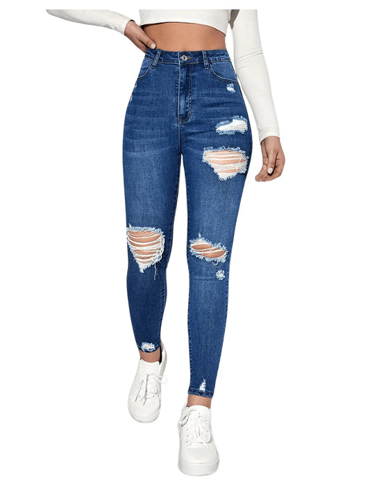 Floerns Womens Distressed Ripped Skinny Jeans High Waist Destroyed Denim Pants Dark Wash Large