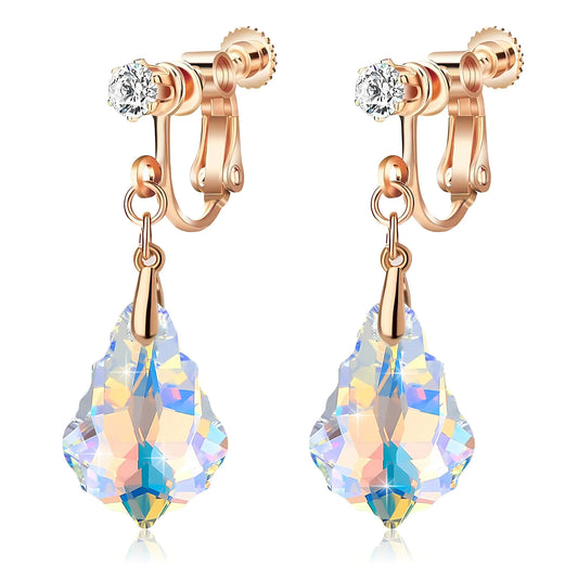Austrian Crystal Baroque Drop Clip On Dangle Earrings for Women Non Pierced 14K Rose Gold Plated Hypoallergenic Jewelry (Aurora Borealis)