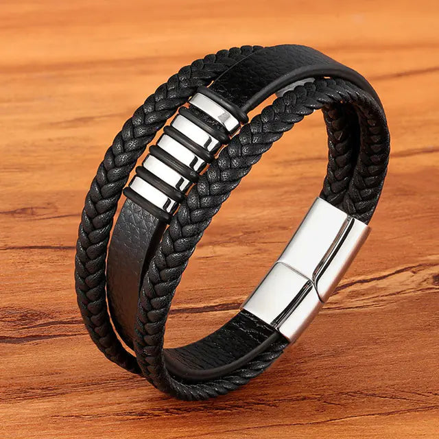Men's Multi-Layer Braided Leather Bracelet in Stainless Steel