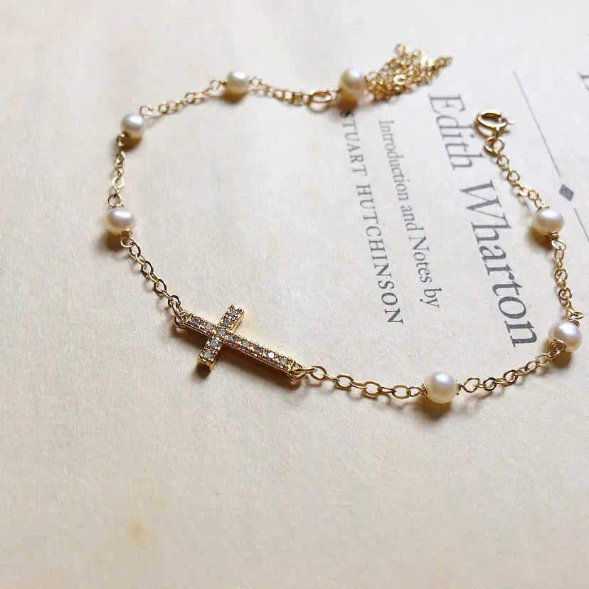 S925 Silver Plated Cross Pearl Bracelet for Women
