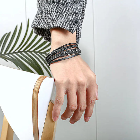 Men's Multi-layer Leather and Stainless Steel Bracelet