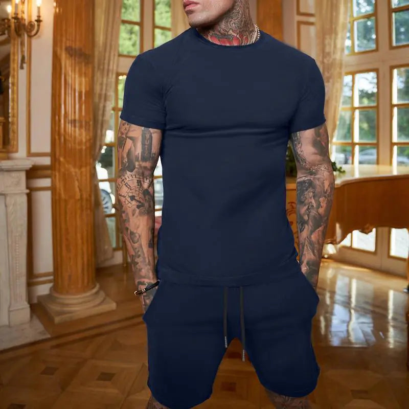 Men's Solid Color Short Sleeve T-Shirt and Shorts Set