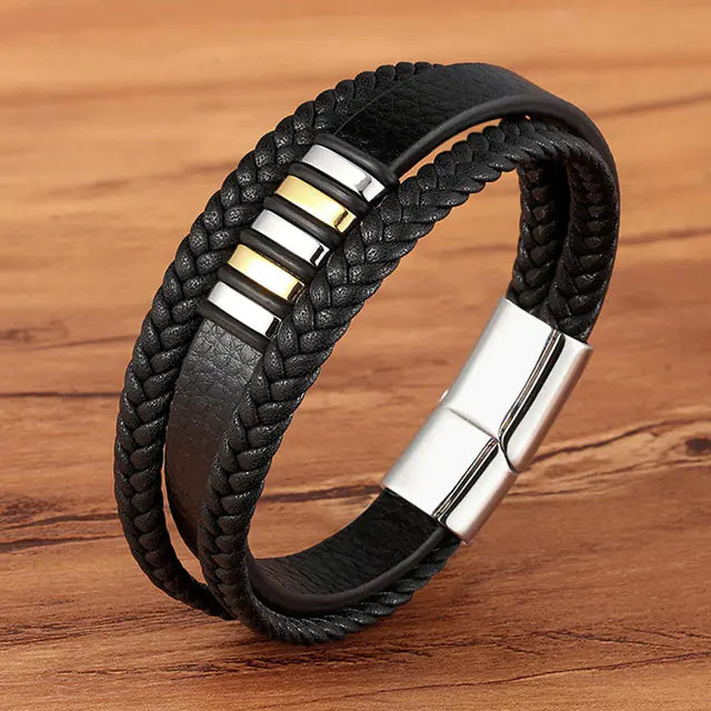 Men's Multi-Layer Braided Leather Bracelet in Stainless Steel