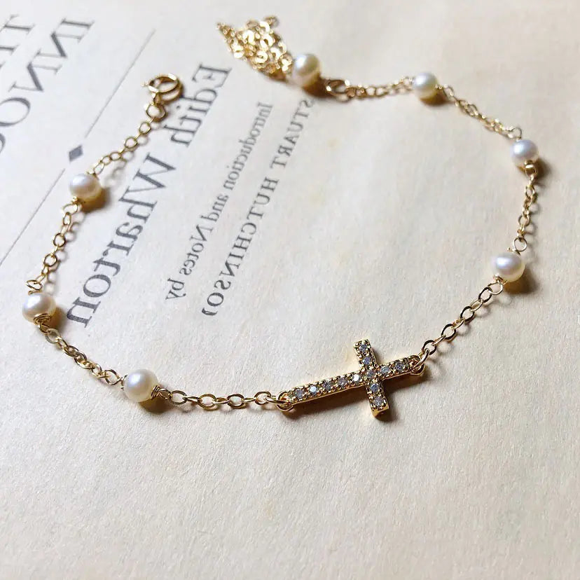 S925 Silver Plated Cross Pearl Bracelet for Women