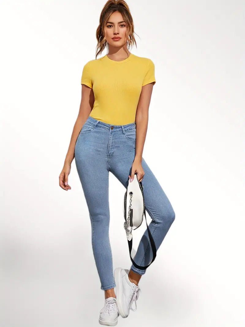 Blue High Waist Skinny Jeans with Slash Pockets - Dakdouksson