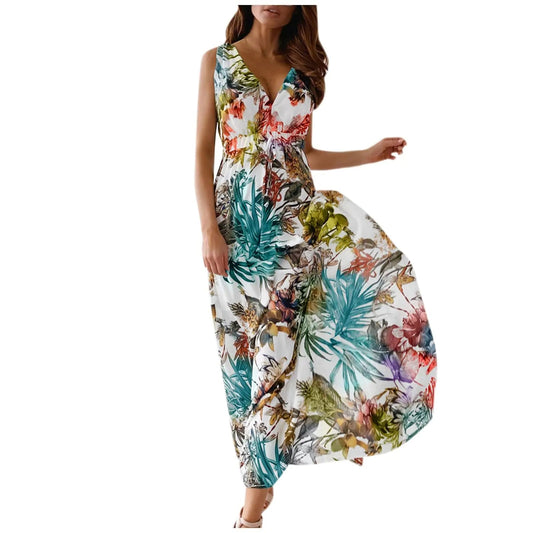 Boho Dresses for Women 2024 Womens Summer Dresses Dresses for Women 2024 Casual Empire Waist Dress Womens Summer Casual Print Bandage Elastic Waist V - Neck Sleeveless Pullover Dress 04 White Medium - Dakdouksson