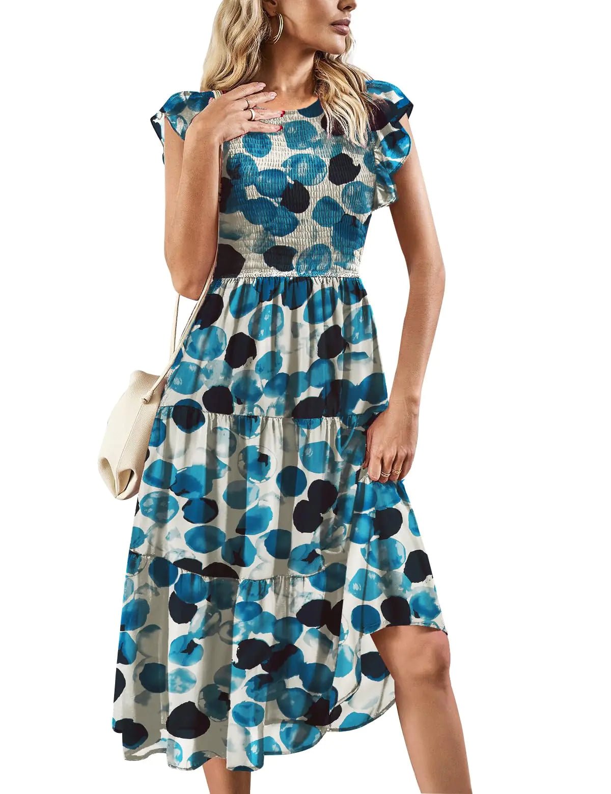 BOHOWE Womens Summer Casual Loose Dresses Boho Tiered Midi Cap Sleeve Floral Flowy Dress for Women Beach Vacation with Pockets 2024 Trendy (Flower 07H05XL) - Dakdouksson