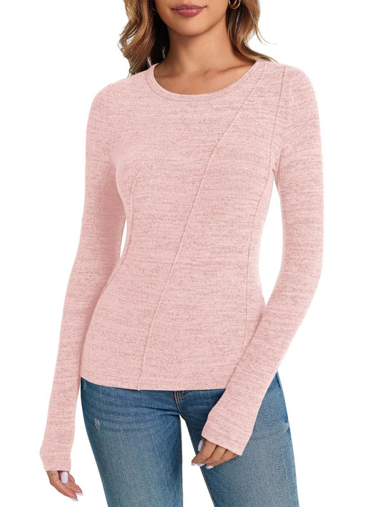 BZB Womens Long Sleeve T Shirts Crew Neck 2024 Fall Trendy Solid Basic Tee Slim Fit Tops Pink - Dakdouksson