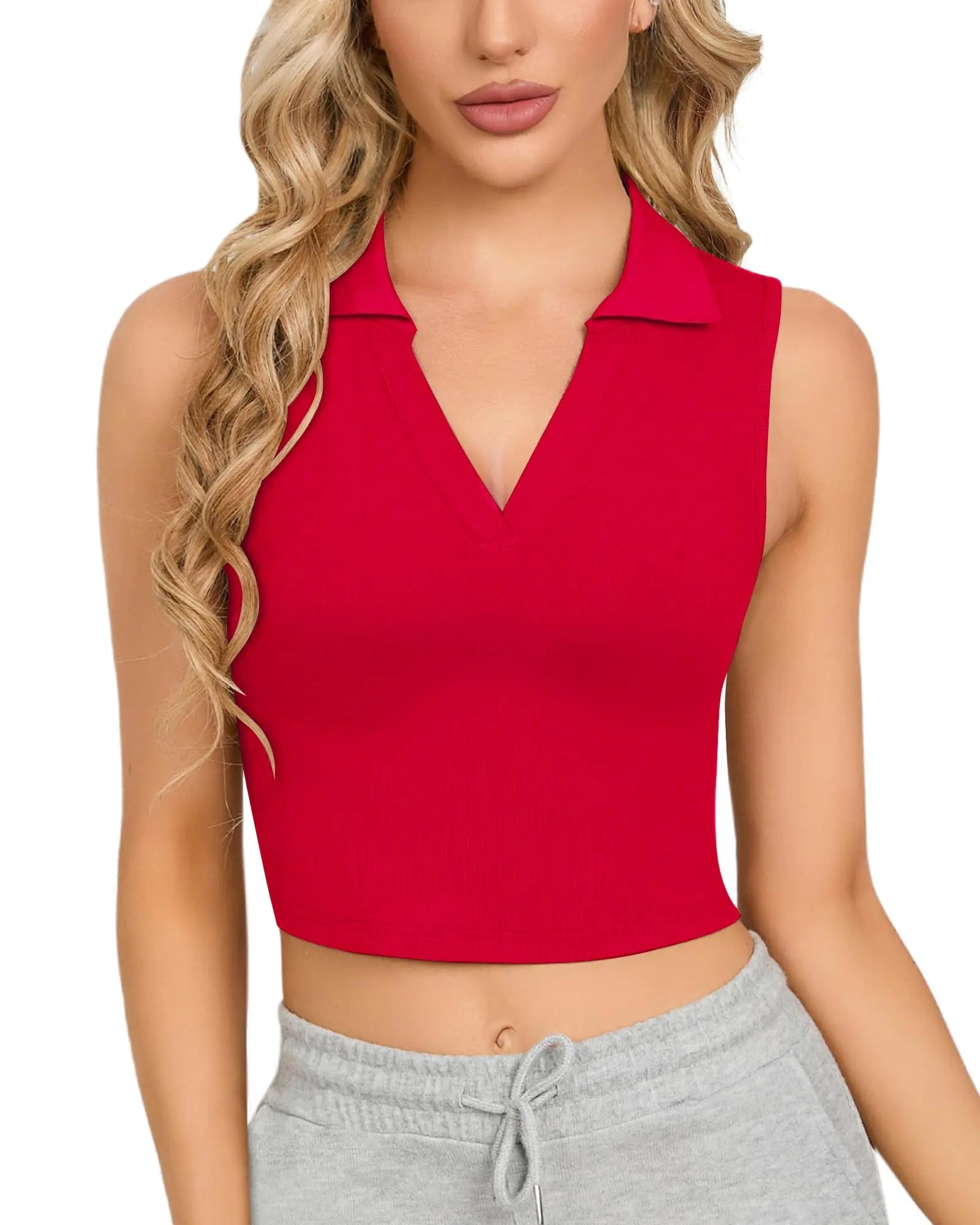 CLOZOZ Womens Tank Tops Polo Crop Top V Neck Ribbed Sleeveless Tops Collar Shirts Womens Crop Tops Polo Cropped Tank Trendy Red - Dakdouksson
