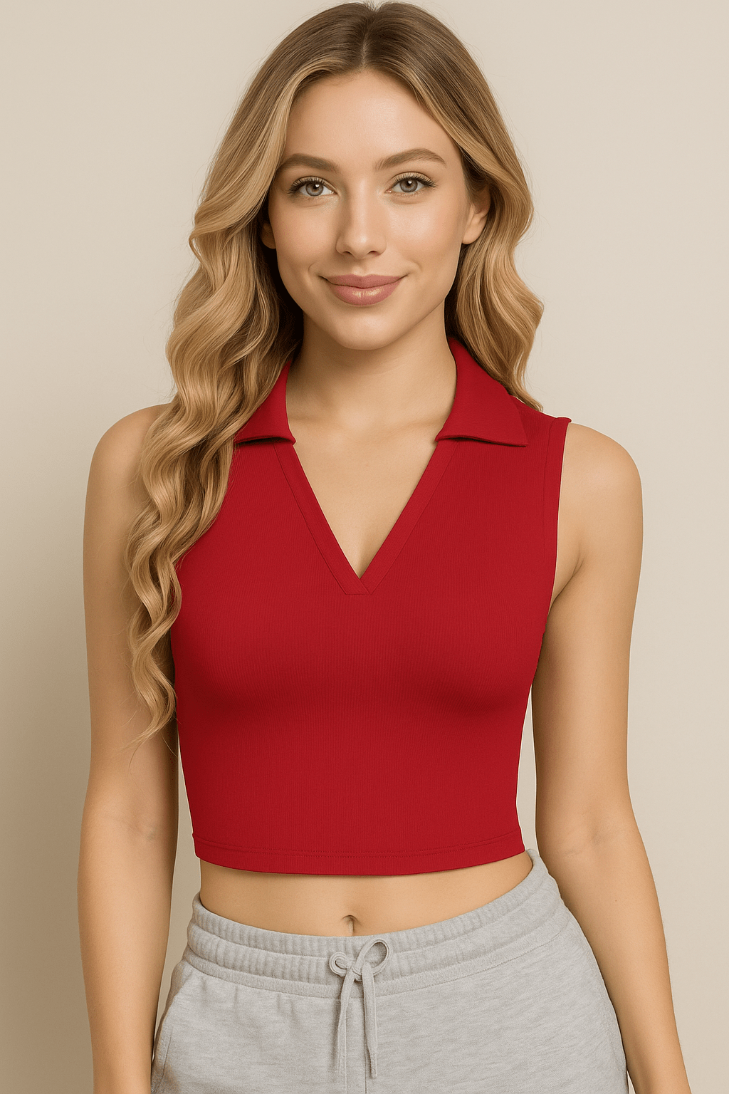 CLOZOZ Womens Tank Tops Polo Crop Top V Neck Ribbed Sleeveless Tops Collar Shirts Womens Crop Tops Polo Cropped Tank Trendy Red - Dakdouksson