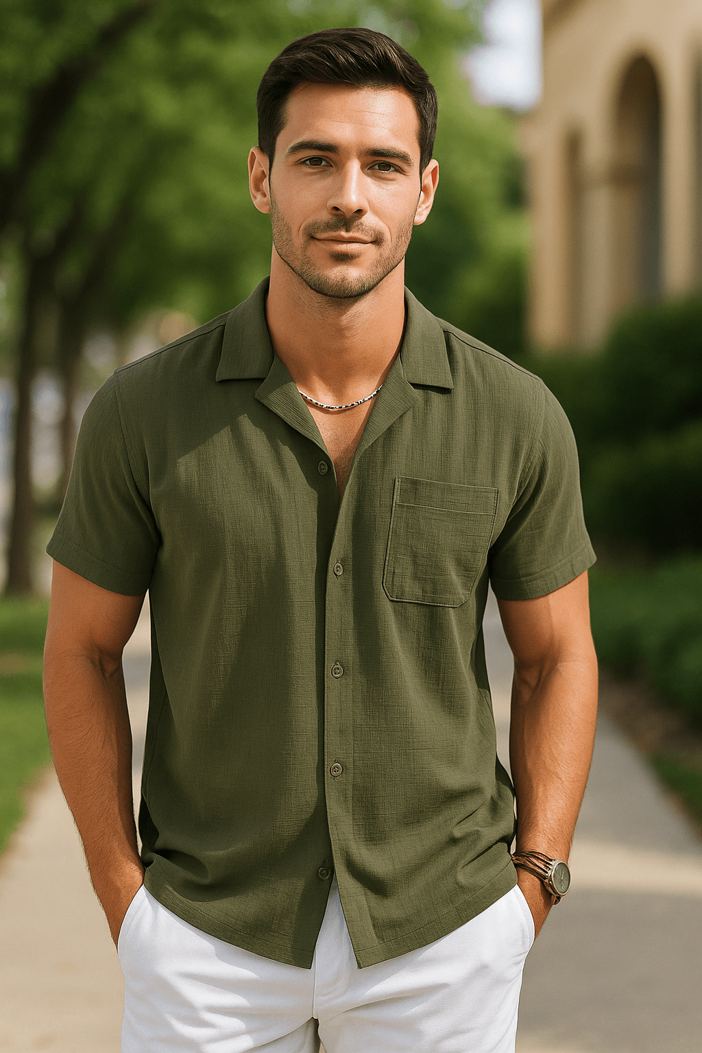 COOFANDY Men Summer Beach Shirts Short Sleeve Button Up Shirt Loose Fit Cuban Camp Tops Army Green - Dakdouksson