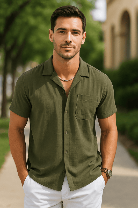 COOFANDY Men Summer Beach Shirts Short Sleeve Button Up Shirt Loose Fit Cuban Camp Tops Army Green - Dakdouksson
