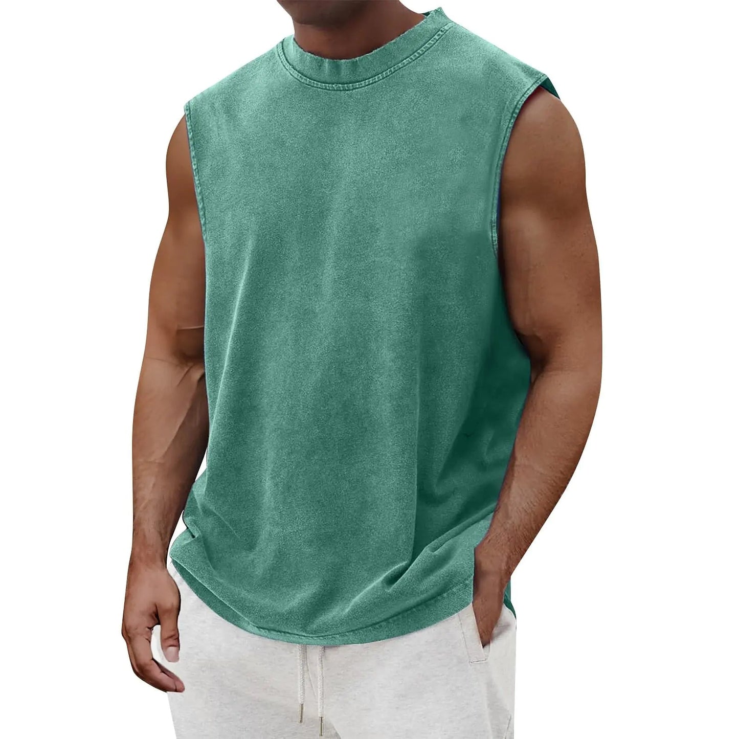 Cotton Tank Tops for Men Washed Solid Color Round Neck Workout Tops Sleeveless Active Athletic Gym Shirt Polo Shirt for Men T Shirts Mens Golf Shirts Hawaiian Shirt(TurquoiseX - Large) - Dakdouksson
