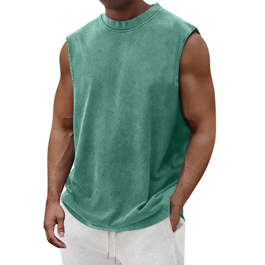 Cotton Tank Tops for Men Washed Solid Color Round Neck Workout Tops Sleeveless Active Athletic Gym Shirt Polo Shirt for Men T Shirts Mens Golf Shirts Hawaiian Shirt(TurquoiseX - Large) - Dakdouksson