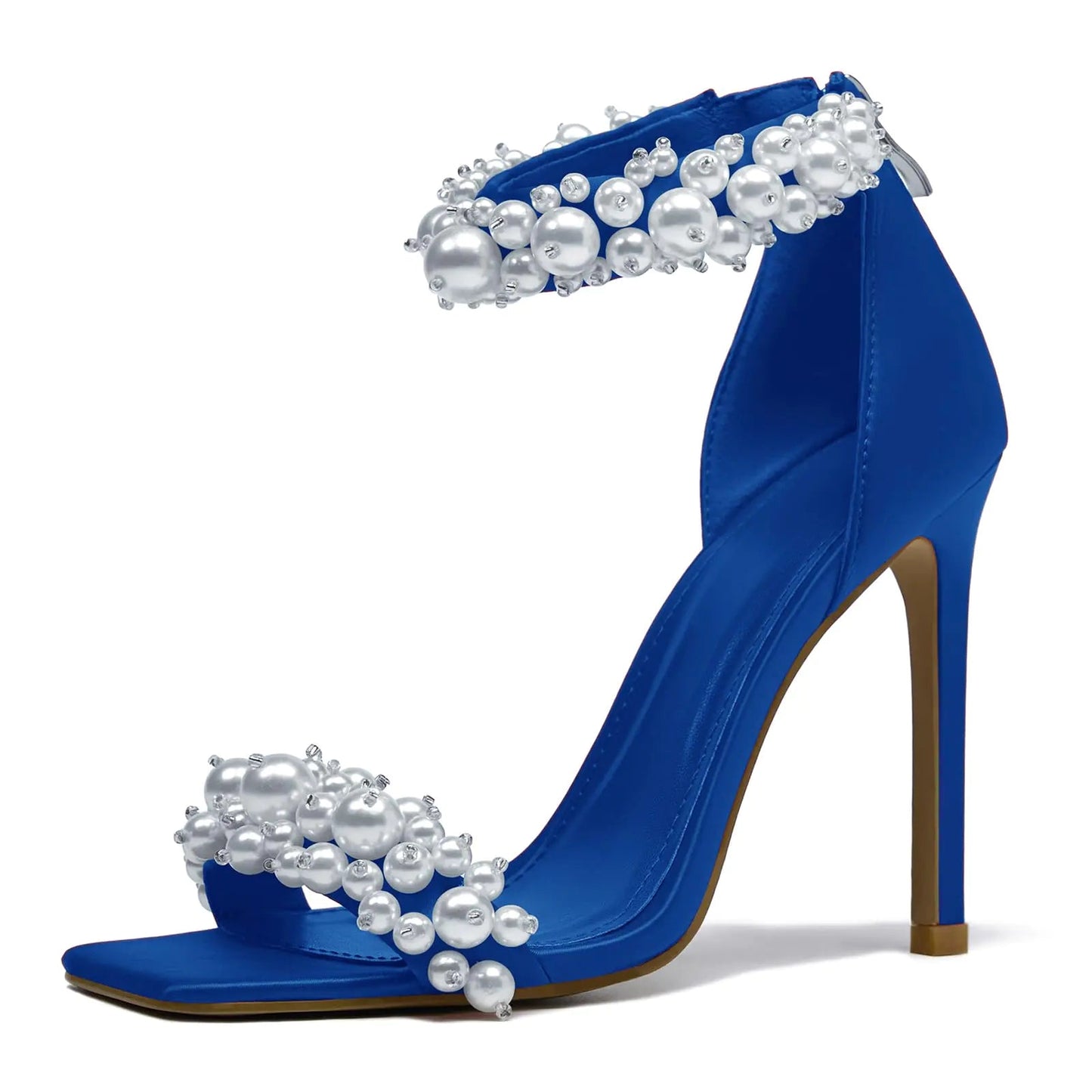 driceic Womens Blue Pearl Stiletto Heels Sandals Open Square Toe sparkly heels Ankle Back Zipper bridal heels Satin Wedding Sexy prom heels Party Dressy Shoes 6 - Dakdouksson
