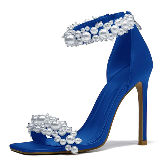 driceic Womens Blue Pearl Stiletto Heels Sandals Open Square Toe sparkly heels Ankle Back Zipper bridal heels Satin Wedding Sexy prom heels Party Dressy Shoes 6 - Dakdouksson