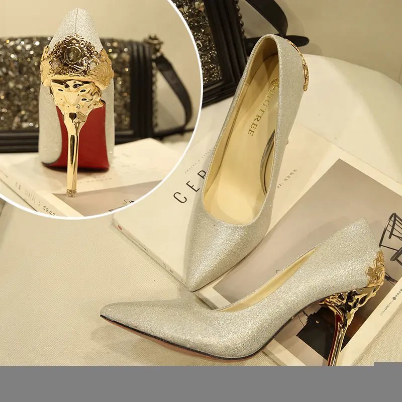 Embroidered Metal Spring Pointed Toe Suede Heels - Dakdouksson