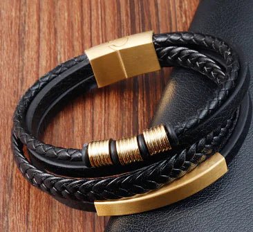 Genuine Leather Multi - layer Stainless Steel Men's Bracelet - Dakdouksson