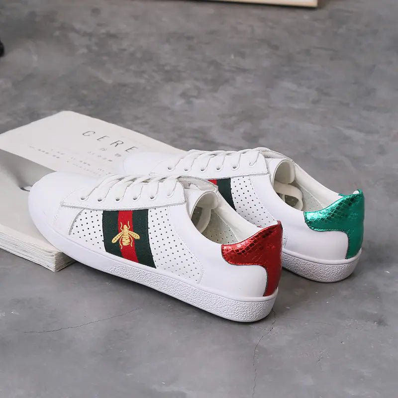 Genuine Leather White Sneakers with Bee Embroidery - Dakdouksson