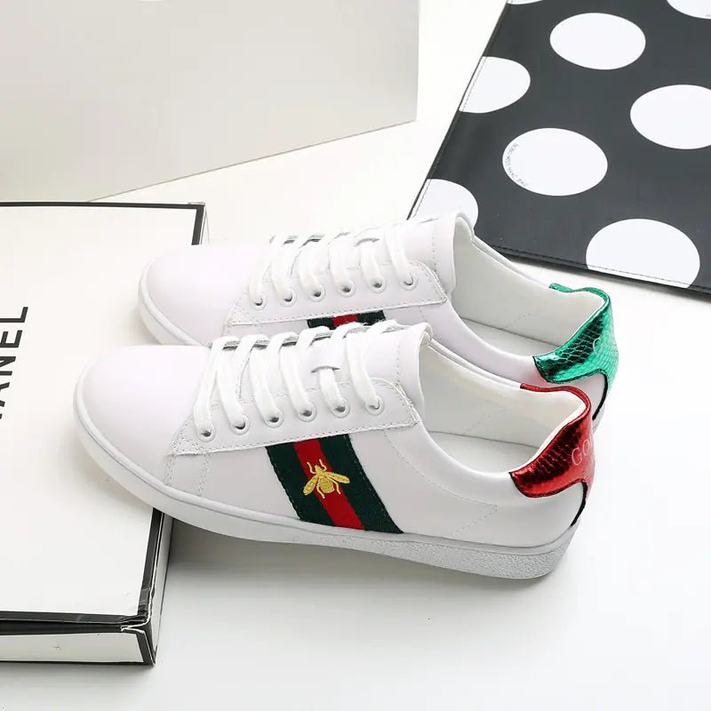 Genuine Leather White Sneakers with Bee Embroidery - Dakdouksson