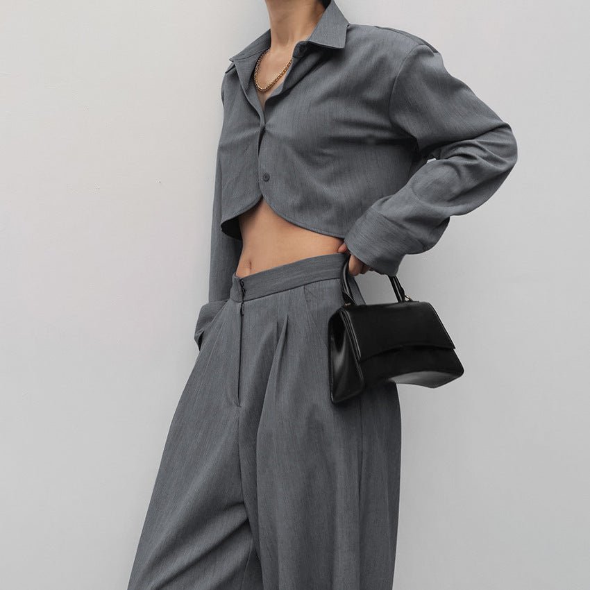 Gray, Long Sleeve Shirt High Waist Slimming Suit Wide Leg Pants - Dakdouksson