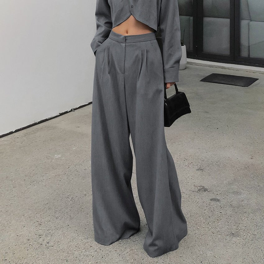 Gray, Long Sleeve Shirt High Waist Slimming Suit Wide Leg Pants - Dakdouksson