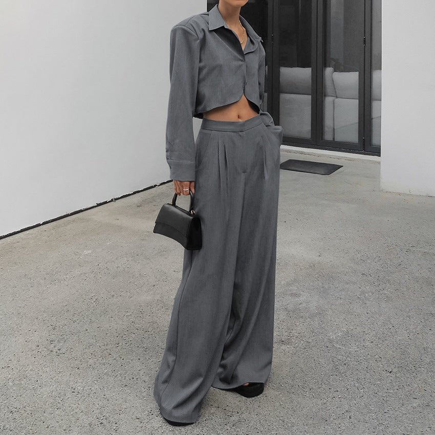 Gray, Long Sleeve Shirt High Waist Slimming Suit Wide Leg Pants - Dakdouksson