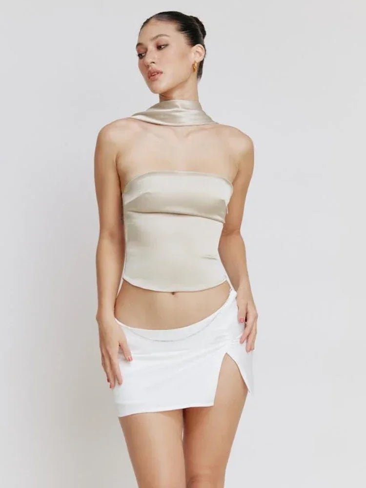 Halter Backless Satin Crop Tops - Dakdouksson