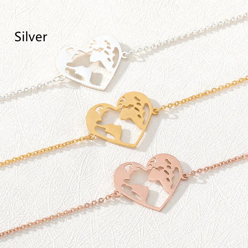Heart - Shaped Hollow World Map Stainless Steel Bracelet - Dakdouksson