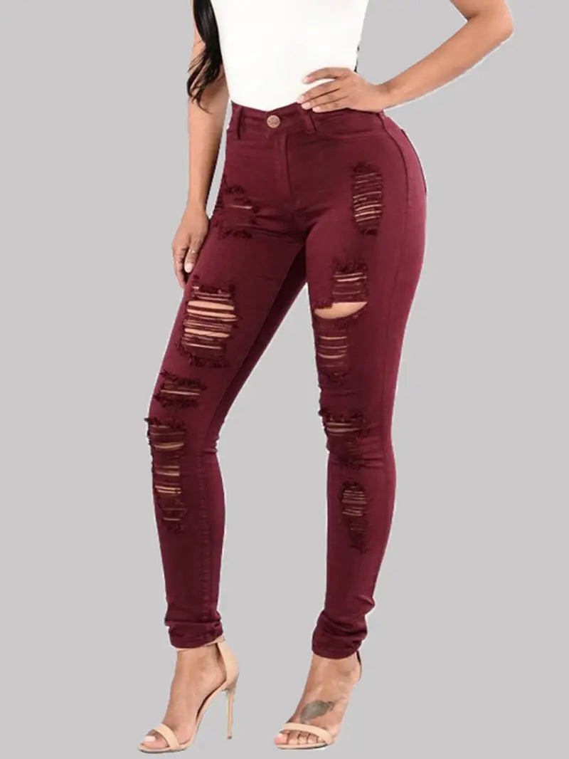 High - Rise Distressed Skinny Jeans in Burgundy & Olive - Dakdouksson