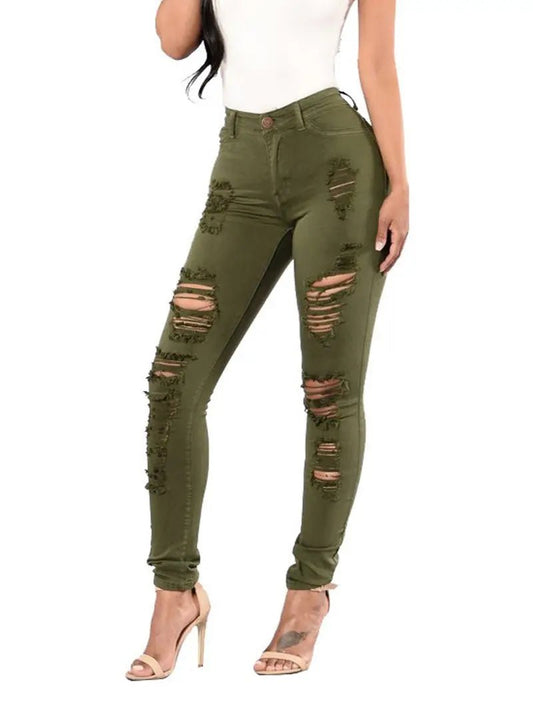 High - Rise Distressed Skinny Jeans in Burgundy & Olive - Dakdouksson