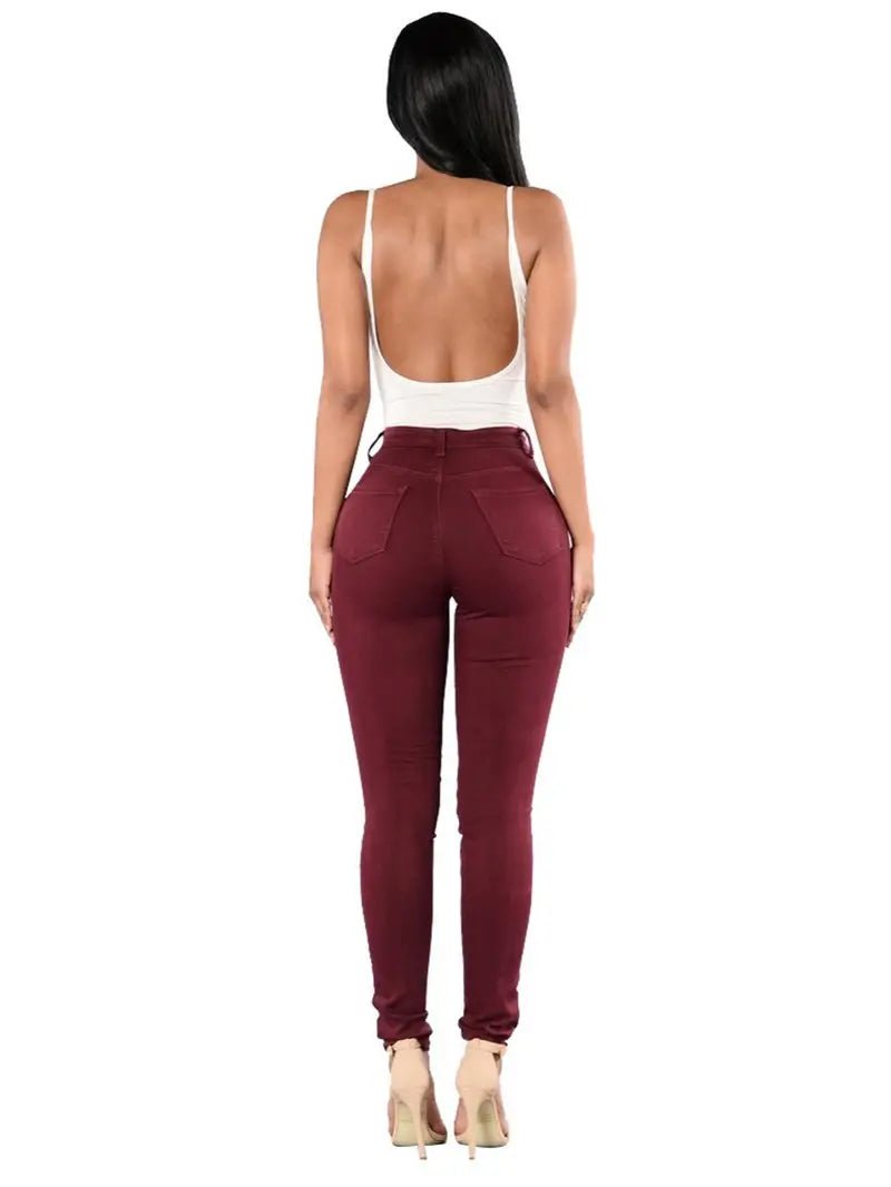 High - Rise Distressed Skinny Jeans in Burgundy & Olive - Dakdouksson