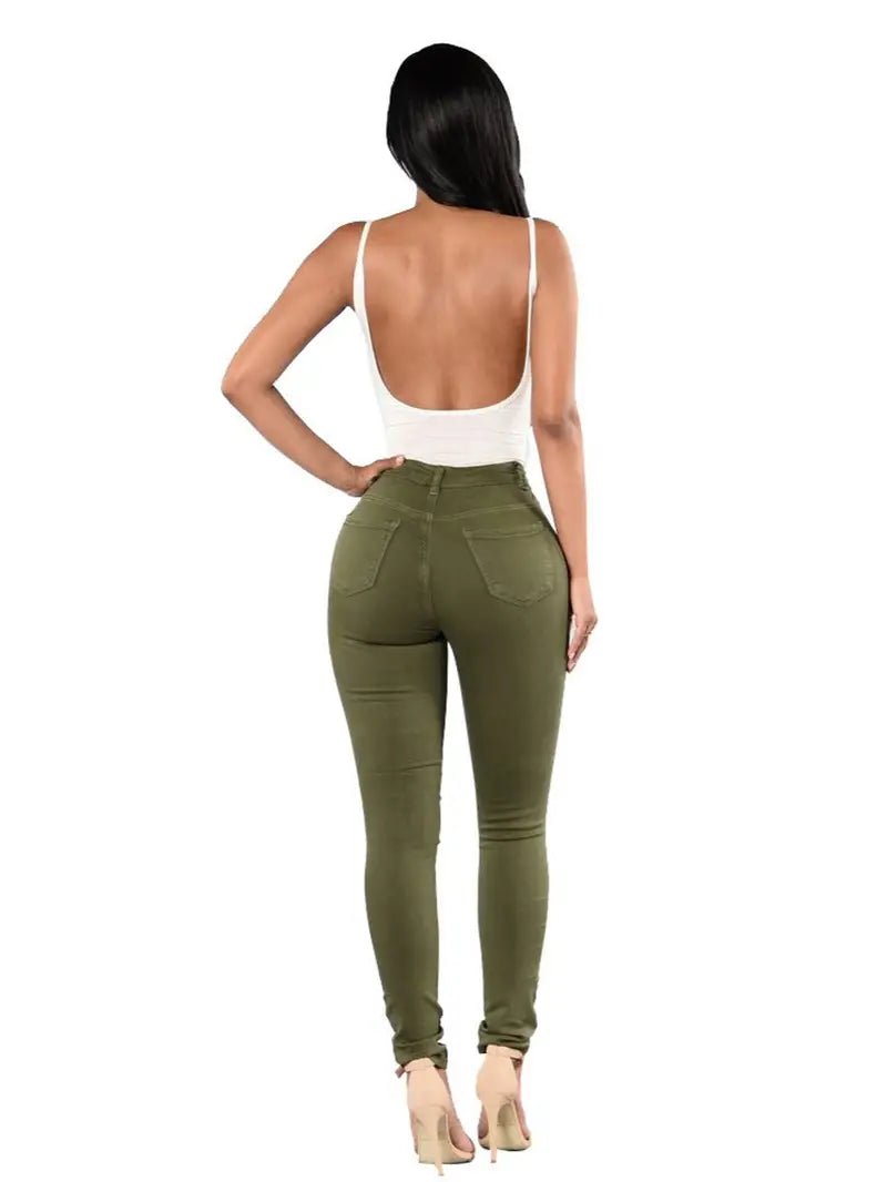 High - Rise Distressed Skinny Jeans in Burgundy & Olive - Dakdouksson