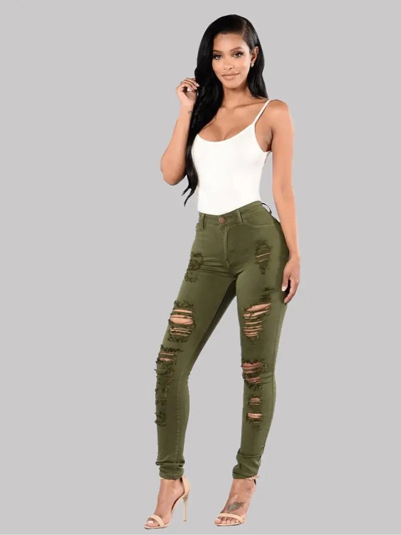 High - Rise Distressed Skinny Jeans in Burgundy & Olive - Dakdouksson