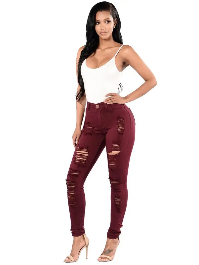 High - Rise Distressed Skinny Jeans in Burgundy & Olive - Dakdouksson