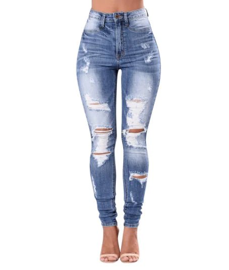 High Rise Distressed Skinny Jeans with Plicated Hem - Dakdouksson