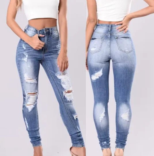High Rise Distressed Skinny Jeans with Plicated Hem - Dakdouksson
