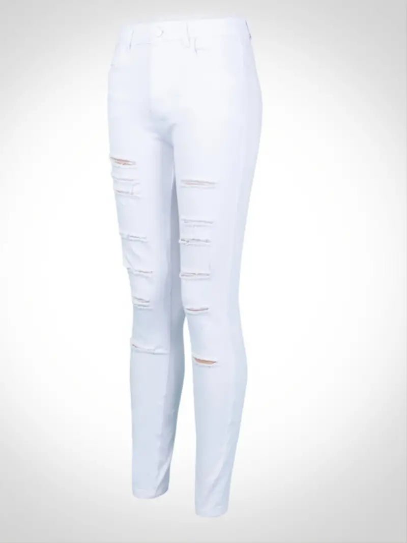 High Rise Ripped Cut Out White Cropped Skinny Jeans - Dakdouksson