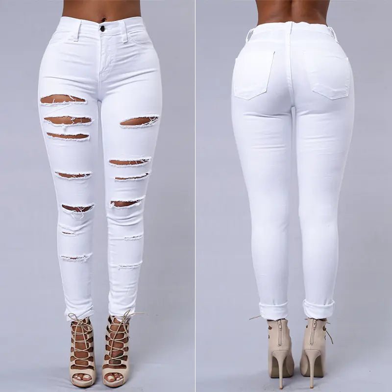 High Rise Ripped White Denim Skinny Jeans for Women - Dakdouksson