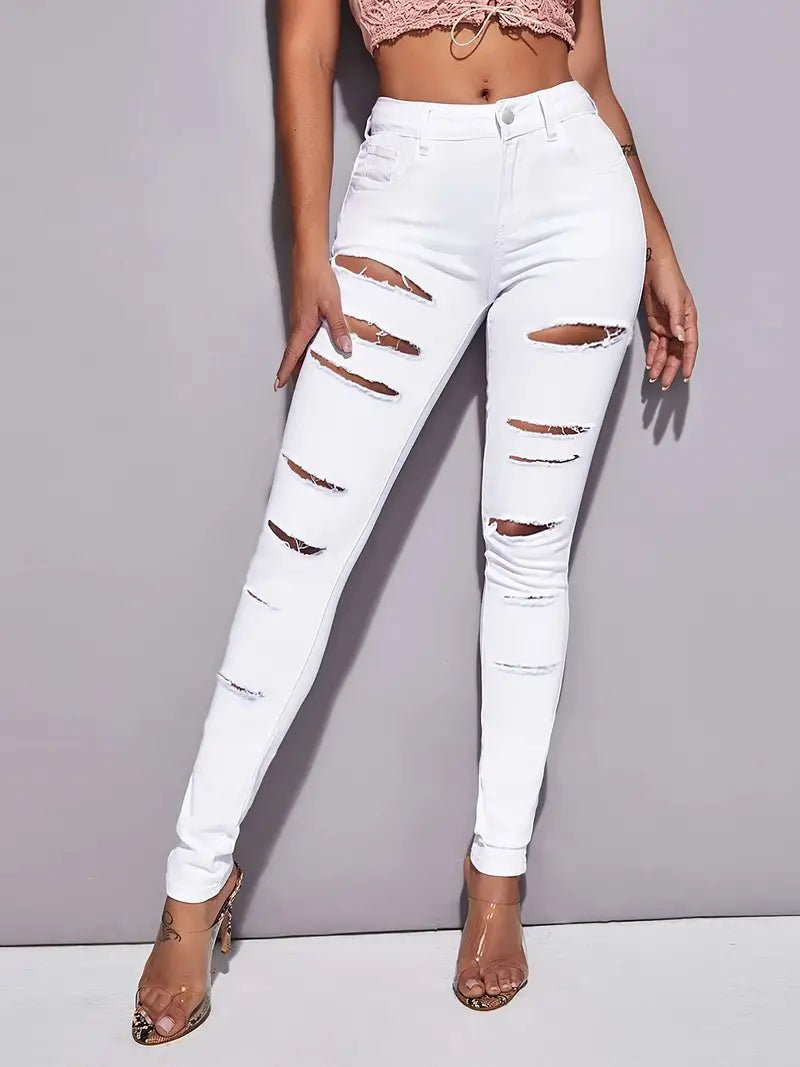 High Rise Ripped White Denim Skinny Jeans for Women - Dakdouksson