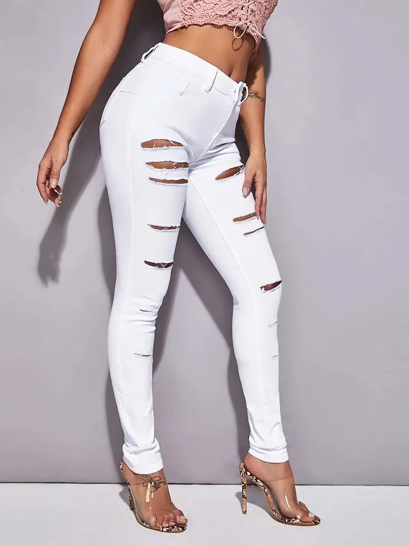 High Rise Ripped White Denim Skinny Jeans for Women - Dakdouksson