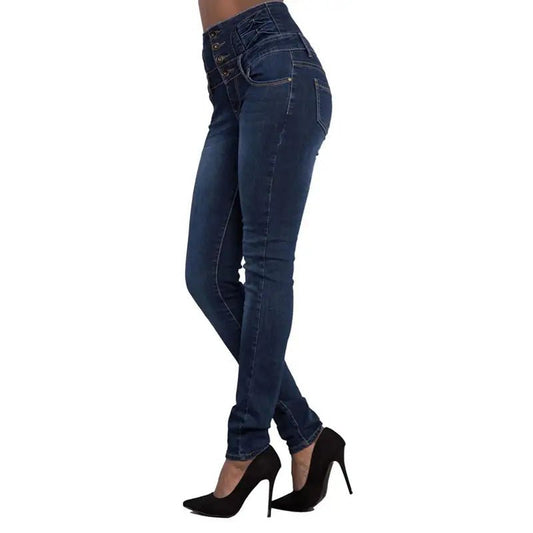 High Waist Dark Blue Skinny Jeans with Slash Pockets - Dakdouksson