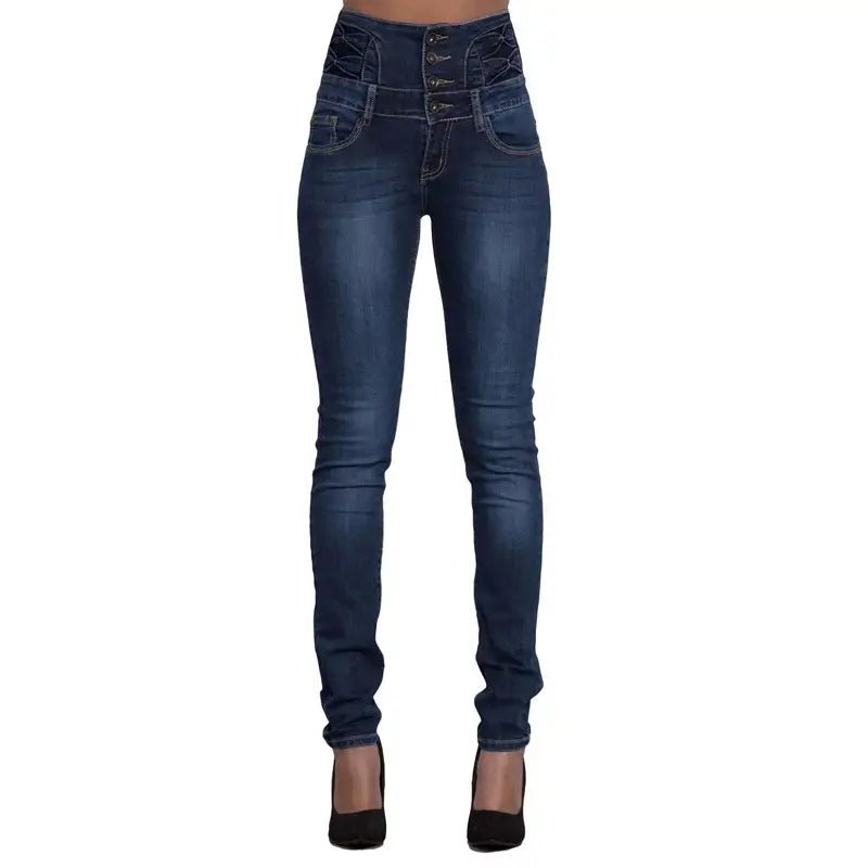 High Waist Dark Blue Skinny Jeans with Slash Pockets - Dakdouksson