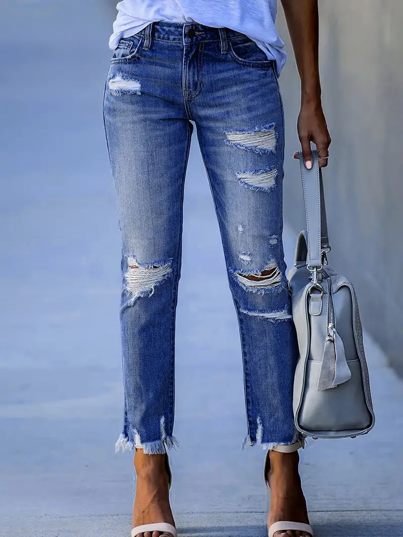 High Waist Distressed Ripped Knee Skinny Jeans for Women - Dakdouksson
