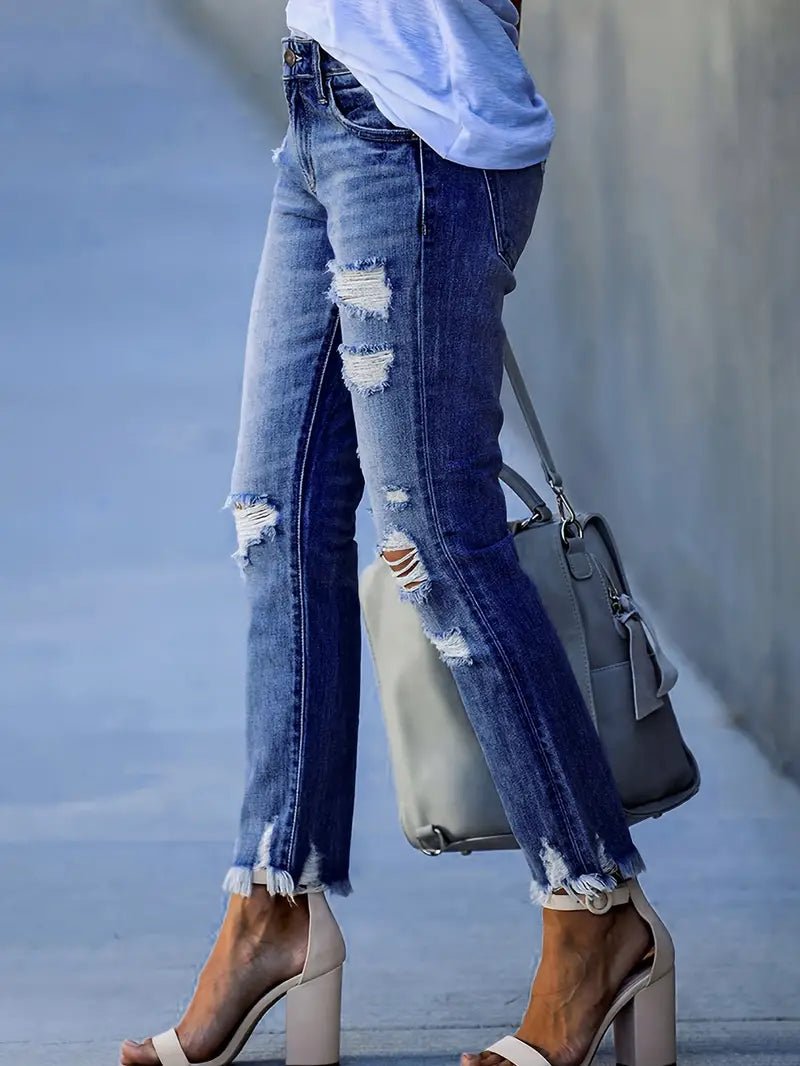 High Waist Distressed Ripped Knee Skinny Jeans for Women - Dakdouksson